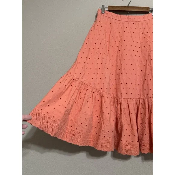 J Crew Skirt Women's 8 Peach Coral Tiered‎ Midi Embroidered Eyelets Cottagecore - Picture 5 of 11